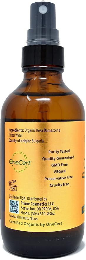 PRIME NATURAL Rose Water Spray 4oz/120ml, USDA Certified Organic, Facial Toner, Hydrating Mist for Face & Hair - Bulgarian, 100% Pure, Natural, Preservative-Free, Moisturizer from Fresh Rose Petals-VivaGrace Women