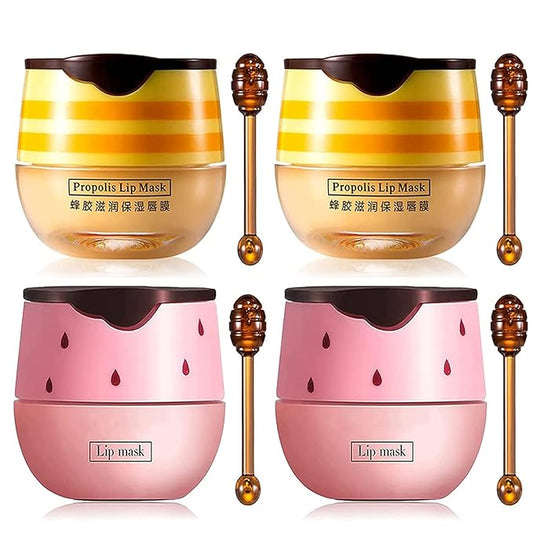 4Pcs Bee Lip Balm Honey Pot, Honey & Strawberry Lip Balm Moisturizing Lip Mask with Stick Hydrating & Prevention Dry and Cracked Lip Scrubs Exfoliator, Lip Sleep Mask Reduces Lip Lines-VivaGrace Women