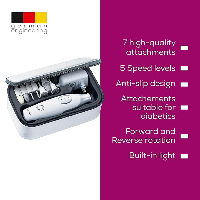 Beurer MP42 Nail Drill, 7-in-1 Nail Kit with Strong Sapphire Nail Drill Bits, Electric Nail File and Nail Buffer Includes Bright LED Light, Pedicure Kit and Manicure Set with Storage Case-VivaGrace Women