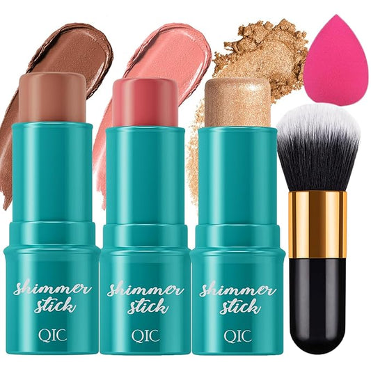 3Pcs Cream Contour Stick, with Highlighter Stick Milk Bronzer Stick Blush Stick, Face Contour Stick with Makeup Brush and Sponge, Easy to Sculpt the Face, Long Lasting, Waterproof-VivaGrace Women
