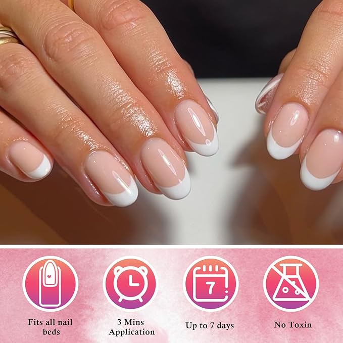 AddFavor French Tip Press on Nails Short Oval Fake Nails, 120pcs White French Tips Nails Press on Almond Nude False Acrylic Nails for Women and Girls