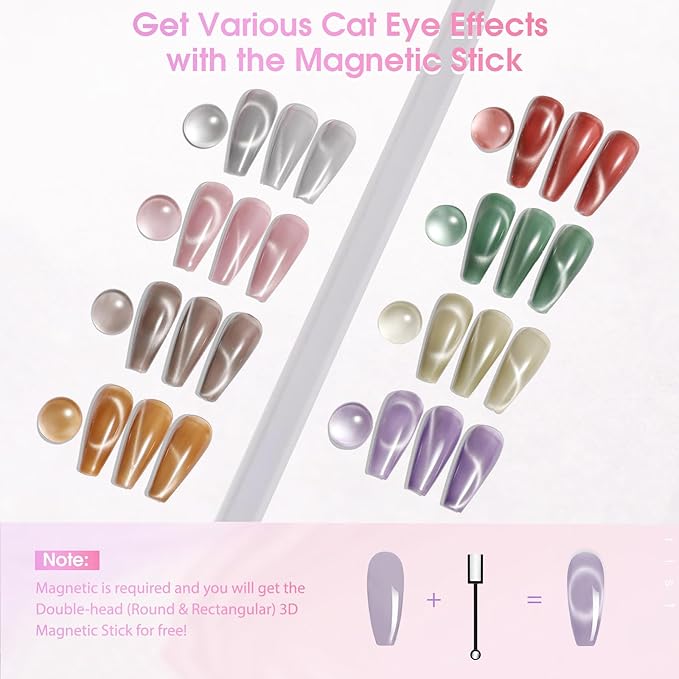 ROSALIND Cat Eye Gel Nail Polish, 8 Color Jelly Gel Polish with Magnet Stick Magnetic Cateye Translucent Effect Sheer Glitter Collection Manicure Gifts for Women-VivaGrace Women