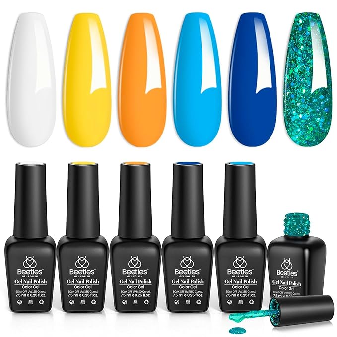 beetles Gel Polish Set, 6 Colors Yellow White Orange Blue Gel Polish Kit, Glitter Green Nail Polish Soak Off Nail Lamp Nail Art Manicure Kit, DIY Home Salon Gifts for Women-VivaGrace Women