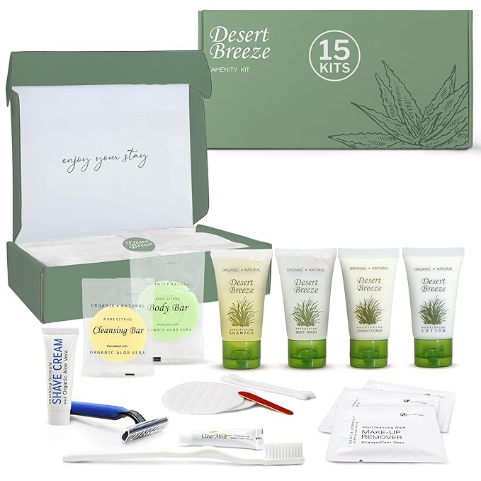 Desert Breeze Amenity & Accessory Kit | 1 oz Travel Size Shampoo, Conditioner, Lotion, Body Wash, Body Bar, Cleansing Bar, Shave & Dental Sets, Make-Up Remover Wipes, & Vanity Kit | 15 sets per case-VivaGrace Women