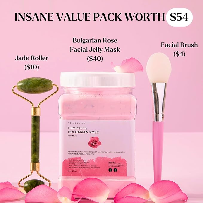 Jelly Face Mask for Facials - Bulgarian Rose Hydrating, Brightening & Nourishing Jelly Mask with Free Jade Roller & Spatula | Professional Hydrojelly Masks | Vajacial Jelly Mask Powder | 23 Oz Jar-VivaGrace Women