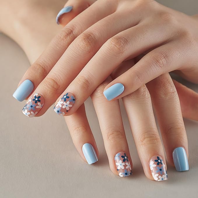 Curvlife Press on Nails Acrylic Fake Nails with Design Full Cover False Nails Reusable Nail Kit with Nail Glue Adhesive Tabs Nail File Artificial Glue on Nails (azure blue flower, 30pcs)