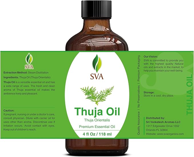 SVA Thuja Essential Oil – 4 Fl Oz – 100% Natural Thuja Oil - for Diffuser, Hair Care, Face, Skin Care, Aromatherapy, Scalp and Body Massage, Soap and Candle Making – with Dropper-VivaGrace Women