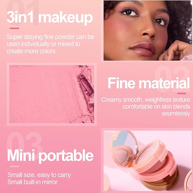 3-in-1 Blendable Trio, Contour and Highlight Blush Makeup Palette, Cream Bronzer, Silky Smooth Powder Blush, Shimmer Highlighter Makeup Powder, Pink Brown Eyeshadow Palette with Mirror(02)-VivaGrace Women