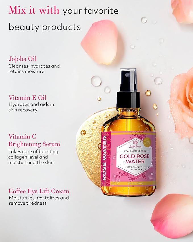 24 Karat Gold Rose Water Toner by Leven Rose Natural Moroccan 24K Rosewater Toner 4 oz-VivaGrace Women