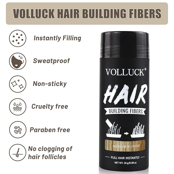 VOLLUCK Hair Fibers for Thinning Hair, Instant Coverage Hair Building Fibers for Women and men, Natural Hair Powder for Conceal Hair Loss 28 g (Medium Blonde)-VivaGrace Women