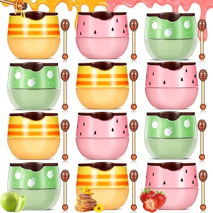 12 Pcs Bee Lip Balm Honey Pot with Brush Propolis Lip Mask Overnight, Moisturizing Hydrating Lip Sleeping Mask Prevention Dry and Cracked(Honey+Strawberry+Apple Lime)-VivaGrace Women