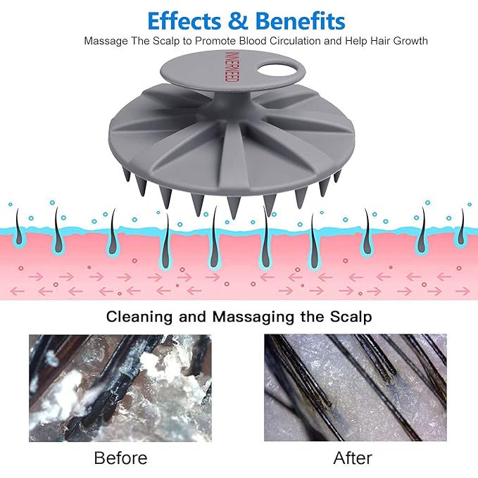 INNERNEED One-Piece Scalp Massager Shampoo Brush, Wet & Dry Scalp Care Head Scrubber Hair Washing, Soft Silicone Bristles, for Hair Growth, Dandruff Removal, Comfortable for All Hair Types (Gray)-VivaGrace Women