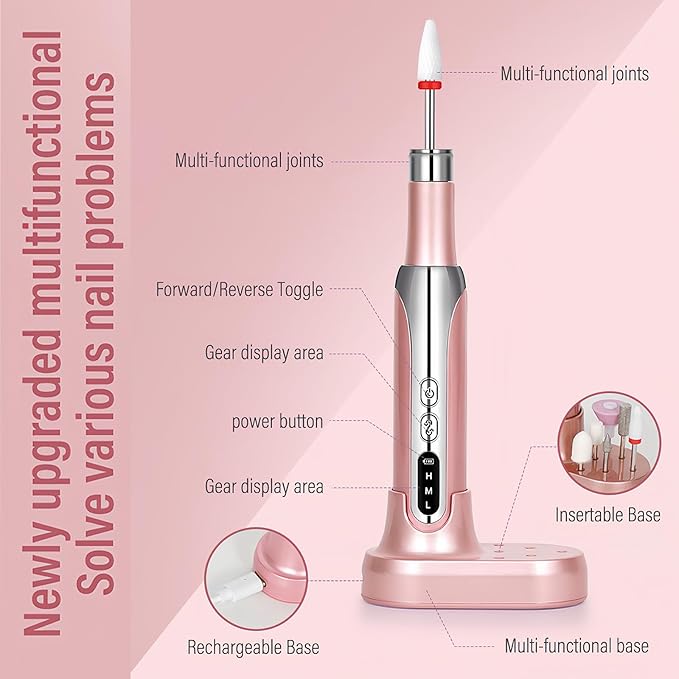 Electric Nail Drill File Cordless,Portable Rechargeable Nail File Kit for Acrylic & Gel Nails,Professional Efile for Manicure Pedicure Polishing,with 12 Nail Drill Bits 31 Sanding Bands,Rose Gold-VivaGrace Women