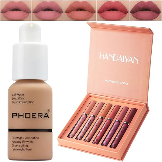 PHOERA Foundation,6 Pcs Matte Liquid Lipstick Makeup Set, Matte liquid Long-Lasting Wear,PHOERA Makeup Foundation Full Coverage(105- Sand)-VivaGrace Women
