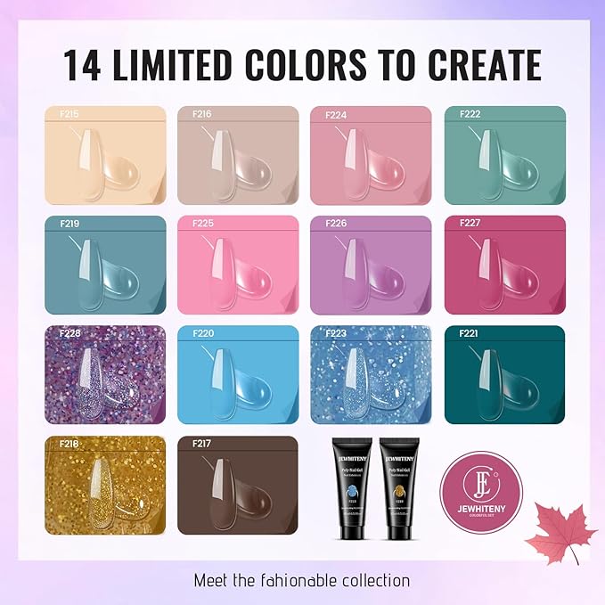 JEWHITENY Poly Gel Nail Kit 14 Colors - Yellow Nude Pink Blue Purple Glitter Tones Starter Kit with UV Lamp Base & Top Coat All-in-One Gift for Women Need U V Light Curing-VivaGrace Women