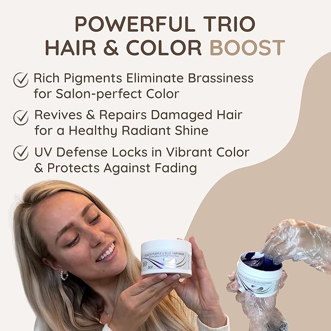 VITAMINS hair cosmetics Keratin Purple Hair Mask - Violet Blue Protein Deep Conditioner Treatment - Toner for Blonde Platinum Silver Gray Ash or Brown Colored Dry and Damaged Brassy Hair-VivaGrace Women