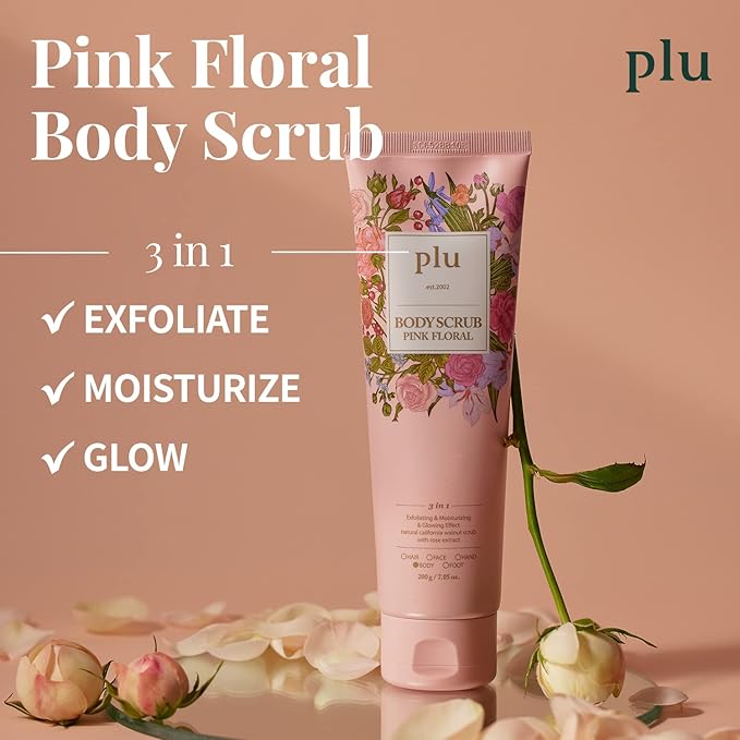 PLU Korean Walnut Body Scrub Pink Floral with Manuka Honey - Exfoliating & Moisturizing & Firming Glow - for Acne, Cellulite, Stretch Marks, Spider Veins, Fresh & Elegance Rose Scent 6.76 oz.-VivaGrace Women