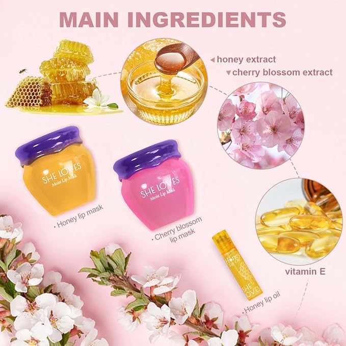 2PCS Lip Mask Overnight, Honey&Sakura Day and Night Repair Sleeping Lip Balm, Fade Lip Lines Bee Balm, Hydrating &Prevention Dry and Crack Lip Scrubs Exfoliator-VivaGrace Women