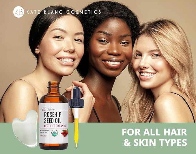 Kate Blanc Cosmetics Rosehip Oil for Face with Stainless Gua Sha (1oz, Organic, Pure, Cold Pressed) Rosehip Seed Face Oil for Gua Sha Massage-VivaGrace Women