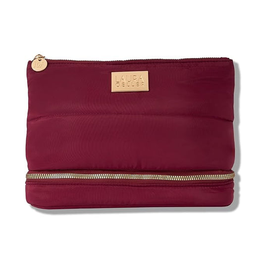 LAURA GELLER NEW YORK Quilted Makeup Bag with Brush Case, Burgundy - Toiletry Bag Organizer for Travel - Large Capacity Full Size Makeup Bag - Easy to Clean-VivaGrace Women