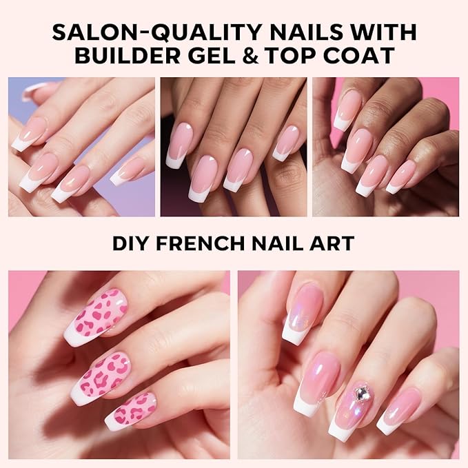 Gel Nail Kit, Top Coat, Nail Builder Gel and Nail Glue for Nail Tips, Press On Nails Kit with LED Light, 150 PCS Long Pink Square, 15 Sizes French Tip Press on Nails-VivaGrace Women