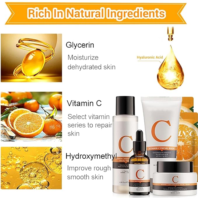 Vitamin C Skin Care Sets, 6Pcs Skin Care Products Set, Skin Care Gift Set for Women Girls, Hydrating Skincare Routine Set, Face Care Kit Includes Cleanser, Mask, Face Serum, Toner, Cream-VivaGrace Women