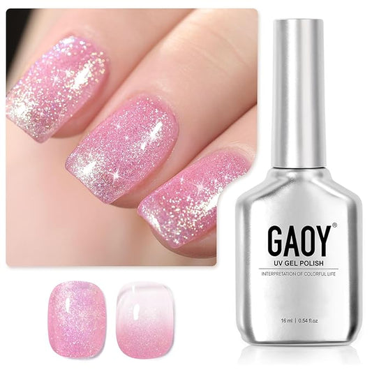 GAOY Shimmer Gel Nail Polish, 16ml Translucent Jelly Glitter Gel Polish, Soak Off UV Gel for Nail Art DIY at Home, 1614 Jelly Pink