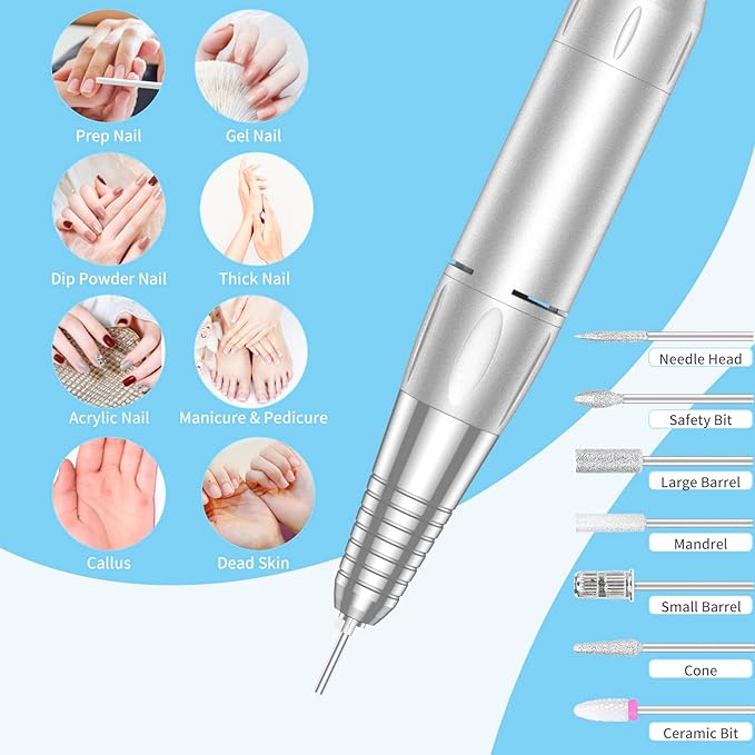 Portable Nail Drill Professional, 35000 RPM Rechargeable Electric Nail File Machine E File for Acrylic Nails Gel Polishing Removing, Cordless E-file with Bits Kit for Manicure Salon Home,Blue-VivaGrace Women