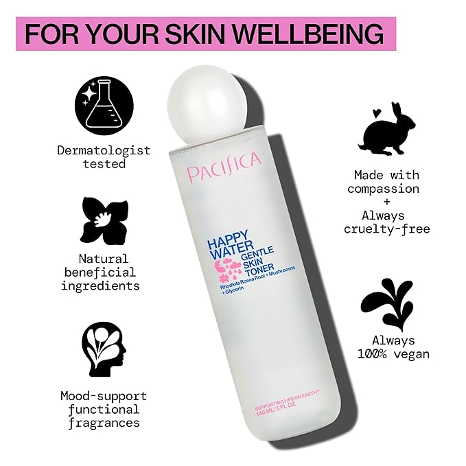 Pacifica Happy Water Hydrating Facial Toner Mist – Vegan Ceramides, Hyaluronic Acid & Electrolytes, Refreshing & Calming for Balanced Skin, Clean Beauty, Vegan, Cruelty-Free, All Skin Types, 4 oz-VivaGrace Women