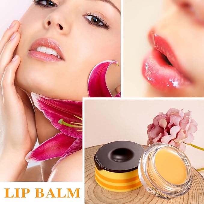 1PCS Bee Lip Balm Honey Pot,Honey Sleeping Lip Mask Bee Lip Balm with Applicator,Natural Moisturizing & Prevention Dry and Cracked Lip Scrubs Exfoliator-VivaGrace Women