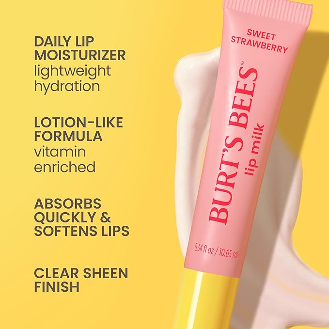 Burt’s Bees Lip Milk, Daily Lip Moisturizer, Sweet Strawberry, Vitamin Enriched Moisturizing Lip Balm with Almond Milk and Jojoba Oil, Hydrating for Softer Lips, 1 Tube, 0.34 Fl Oz-VivaGrace Women