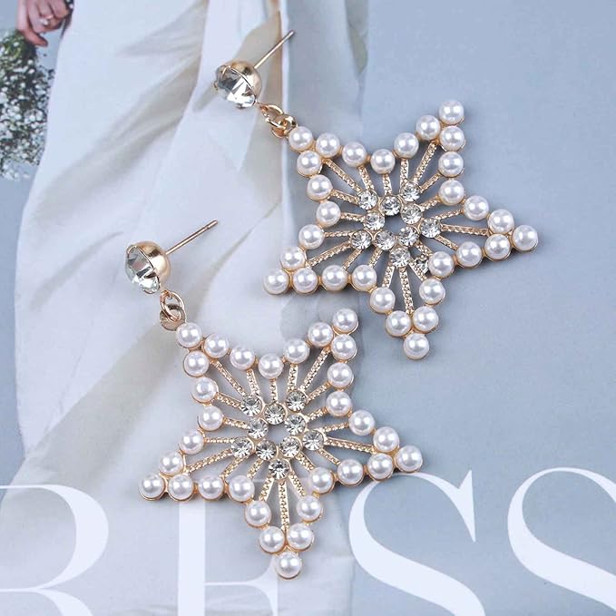 Vintage Pearl Star Drop Earrings Crystal Star Dangle Earrings Gold Rhinestone Stud Earrings Bohemian Large Star Statement Earrings Jewelry for Women and Girls Gifts-VivaGrace Women