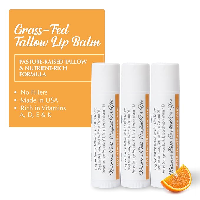 Moisturizing Tallow Lip Balm – Grass-Fed Beef Tallow with Organic Coconut Oil, Beeswax, and Vitamin E – Sweet Orange – Lip Balm Set – Travel Essential – 3-Pack-VivaGrace Women