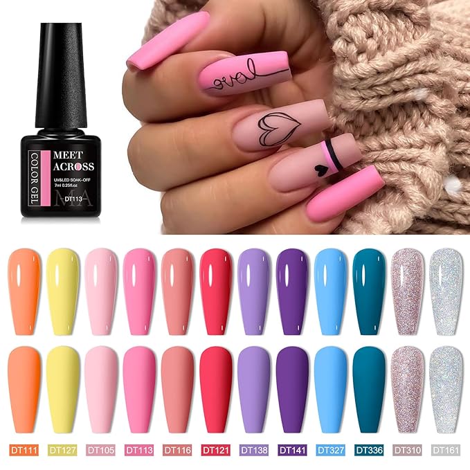 MEET ACROSS 12pcs Gel Nail Polish Set,Soak Off UV LED Lamp Gel Nail Polish Kit,Fashion Shimmer Nail Art Design Gifts for Women Manicure Salon (multi-colored)