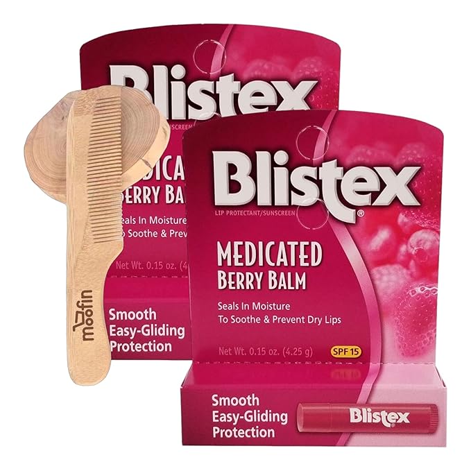 Blistex Medicated Lip Balm Medicated Lip Balm SPF15, 0.15 oz - Berry Flavor, Soothing Balm Stick Bundle with Moofin Wooden Comb - Sun Protection Medicated Lip Balm for Dry Cracked Lips, Chapped Lips-VivaGrace Women