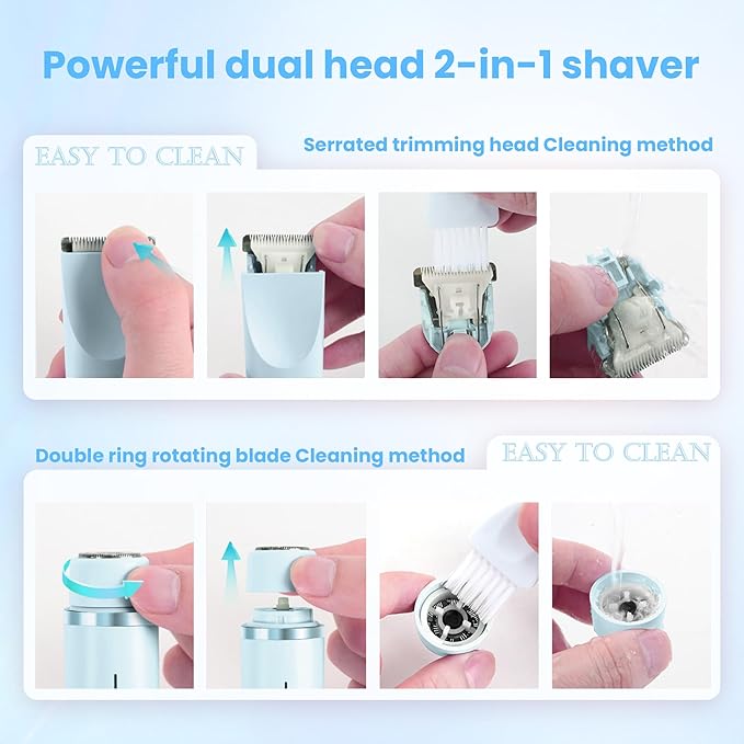 Bikini Trimmer for Women-2 in 1 Electric Razors for Women,USB Rechargeable Bikini Electric Shaver,IPX7 Waterproof Dry & Wet Use Body Hair Trimmer and Facial Hair Remover for Underarm Leg Body,Blue-VivaGrace Women