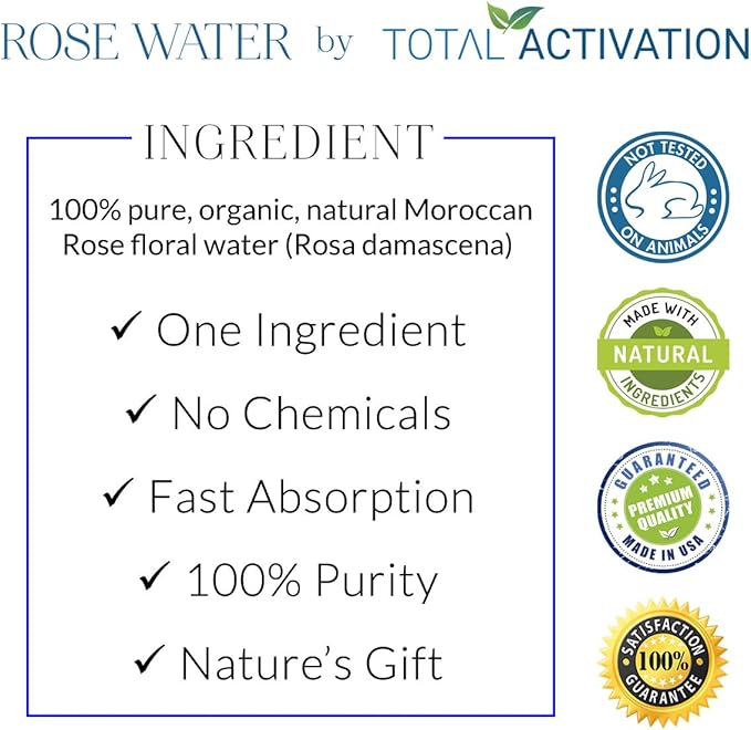Large 4 oz 100% Pure, Organic Moroccan Rose Water Spray Face Toner, Skin Body Hair Spray, Eye Makeup Remover Alcohol Free Toner Minimizes Scar Hydrating Soothing Mist for Dry Oily Combination Skin-VivaGrace Women