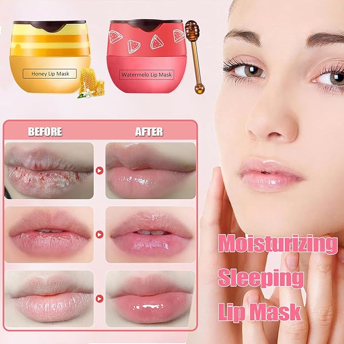 Bee Lip Balm Honey Pot, Watermelon Sleeping Lip Mask Overnight Hydrating Dry and Crack Lip Exfoliator Scrubs Propolis Lip Balm (Watermelon)-VivaGrace Women