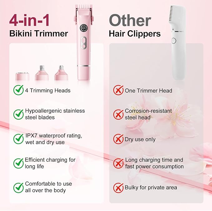 Bikini Trimmer for Women, 4 in 1 Wet/Dry Electric Razors for Women - Dual Head, Painless Rechargeable Portable Womens Razors for Shaving Set for Face, Nose, Eyebrows, Armpits, Bikini Area (Pink)-VivaGrace Women