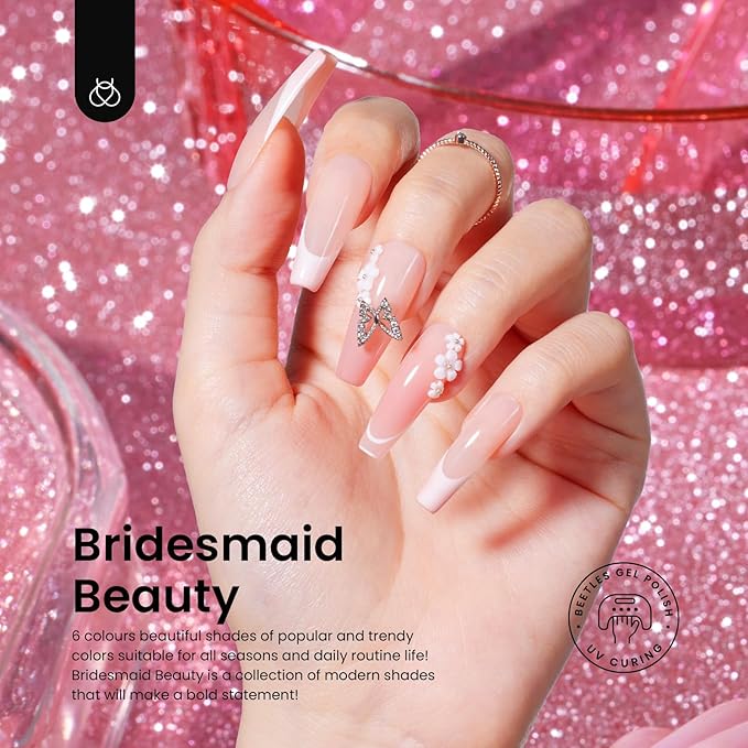 Beetles Gel Nail Polish Set 6 Colors Pink Nude Gray Glitter Gel Polish Wedding Nail Polish Bridesmaid Nail Art Design Soak Off Uv LED Lamp Needed Manicure Set Gifts for Women Bridesmaid Beauty-VivaGrace Women