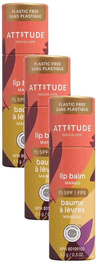 ATTITUDE Plastic-free Lip Balm with Sun Protection SPF 15, EWG Verified, Plant- and Mineral-Based Ingredients, Vegan and Cruelty-free, Mango, 0.3 Oz (Pack of 3)-VivaGrace Women