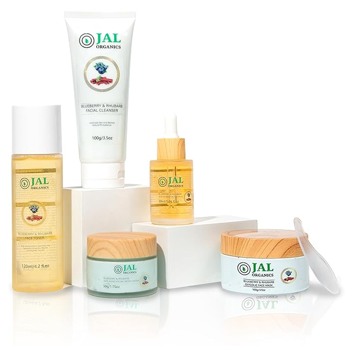 5 in 1 Blueberry & Rhubarb Korean Skin Care Set, Face Moisturizer, Glycolic Clay Face Mask, Serum, Cleanser & Toner for All Skin Types, Anti Aging Skin Care Sets & Kits, Facial Routine Kit for Women-VivaGrace Women