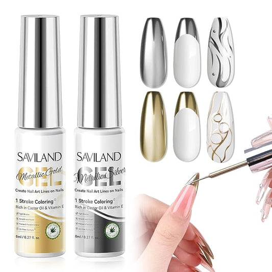 SAVILAND Metallic Gel Liner Nail Art: 2PCS Silver & Gold Metallic Gel Nail Polish Chrome 3D Effect Mirror Gels Polish Build in Thin Brush Metal Painting Gels Nails Design for Salon Home DIY
