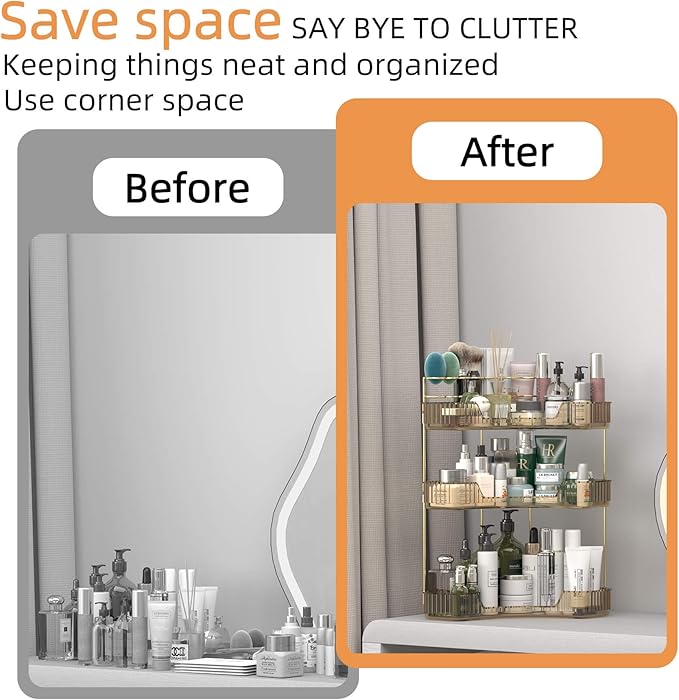 Corner Bathroom Counter Organizer with Top Toothbrush Holders, 3-Tier Make Up Organizers for Vanity with Brush Holder, Corner Storage for Bathroom, Kitchen, Dresser-VivaGrace Women