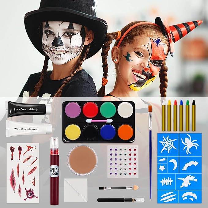 Halloween Makeup Kit, White Black Skeleton Face Paint, Clown Witch Makeup Palette, Vampire Zombie Makeup Kids Adult Special Effects: Fake Blood Scar Wax Tattoos Stencils Crayons Set-VivaGrace Women