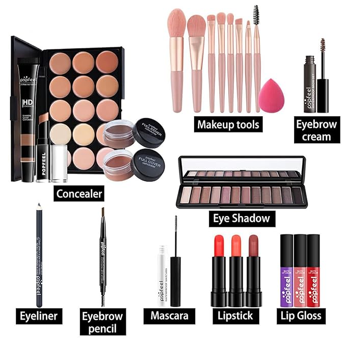 All-in-one Makeup Set Holiday Gift | Full Makeup Kit for Women Essential Starter Bundle Include Eyeshadow Palette Lipstick Blush Cream Concealer Face Powder Eyeliner Mascara Lipgloss Brush-VivaGrace Women