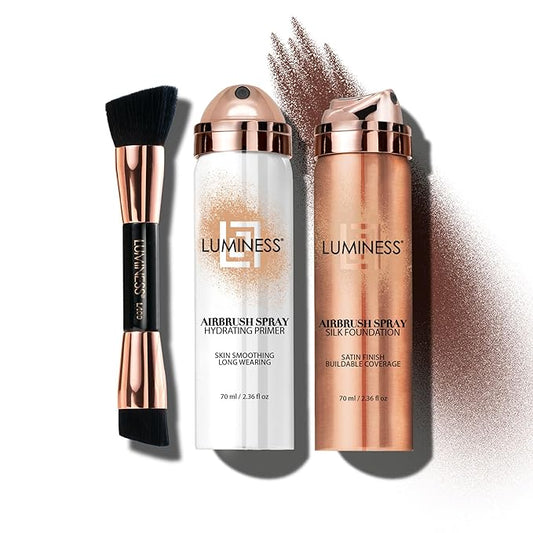LUMINESS Airbrush Spray Silk Foundation Starter Kit - Rich - Foundation, Primer & Dual-Sided Angled Buffing Brush - Medium, Buildable Coverage, Anti-Aging Formula Hydrates & Moisturizes-VivaGrace Women