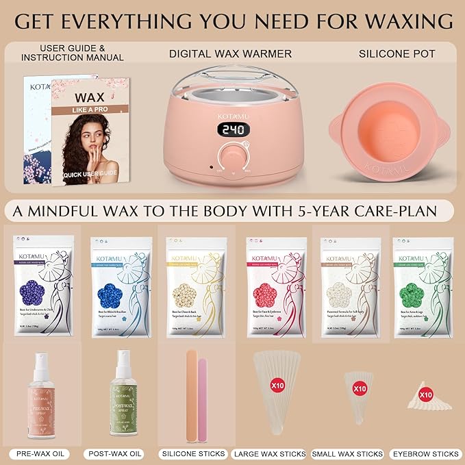 KOTAMU Wax Warmer, Waxing Kit for Women Men Hair Removal, Digital Waxing Machine for Face Eyebrow Bikini Brazilian Leg Body &Sensitive Skin, Pink Wax Kit With 44 Accessories for Home Salon Use-VivaGrace Women