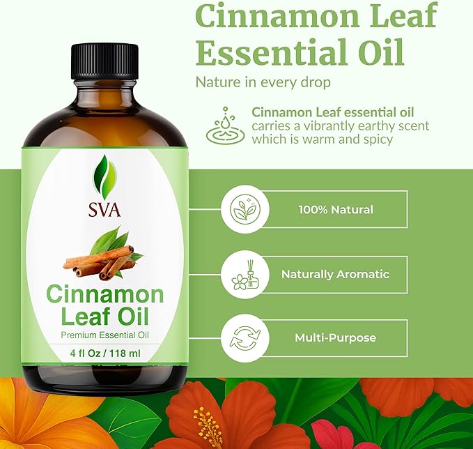 SVA Cinnamon Leaf Essential Oil – 4 Fl Oz – 100% Natural Cinnamon Oil - for Diffuser, Hair Care, Face, Skin Care, Aromatherapy, Scalp and Body Massage, Soap and Candle Making – with Dropper-VivaGrace Women
