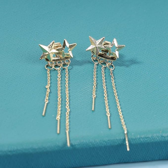 Boho Star Ear Jacket Earrings Gold Thin Bar Tassel Earrings Long Drop Chain Earrings Two Way Double Sided Earrings Jewelry for Women and Girls-VivaGrace Women